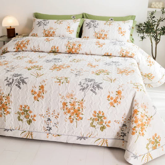 Orange Floral Botanical Print Cotton Quilt