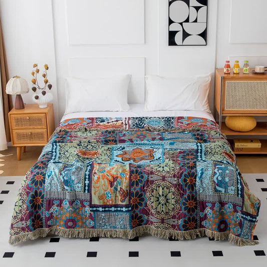 Boho Blue Floral Cotton Reversible Tassel Quilt