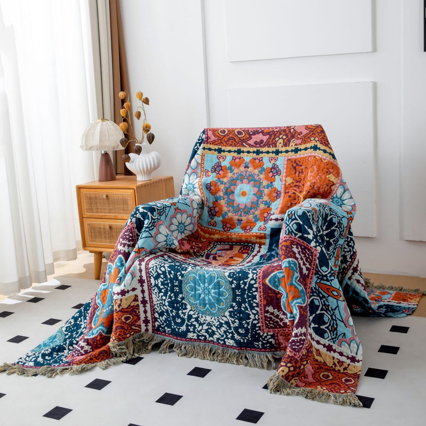 Boho Blue Floral Cotton Reversible Tassel Blanket