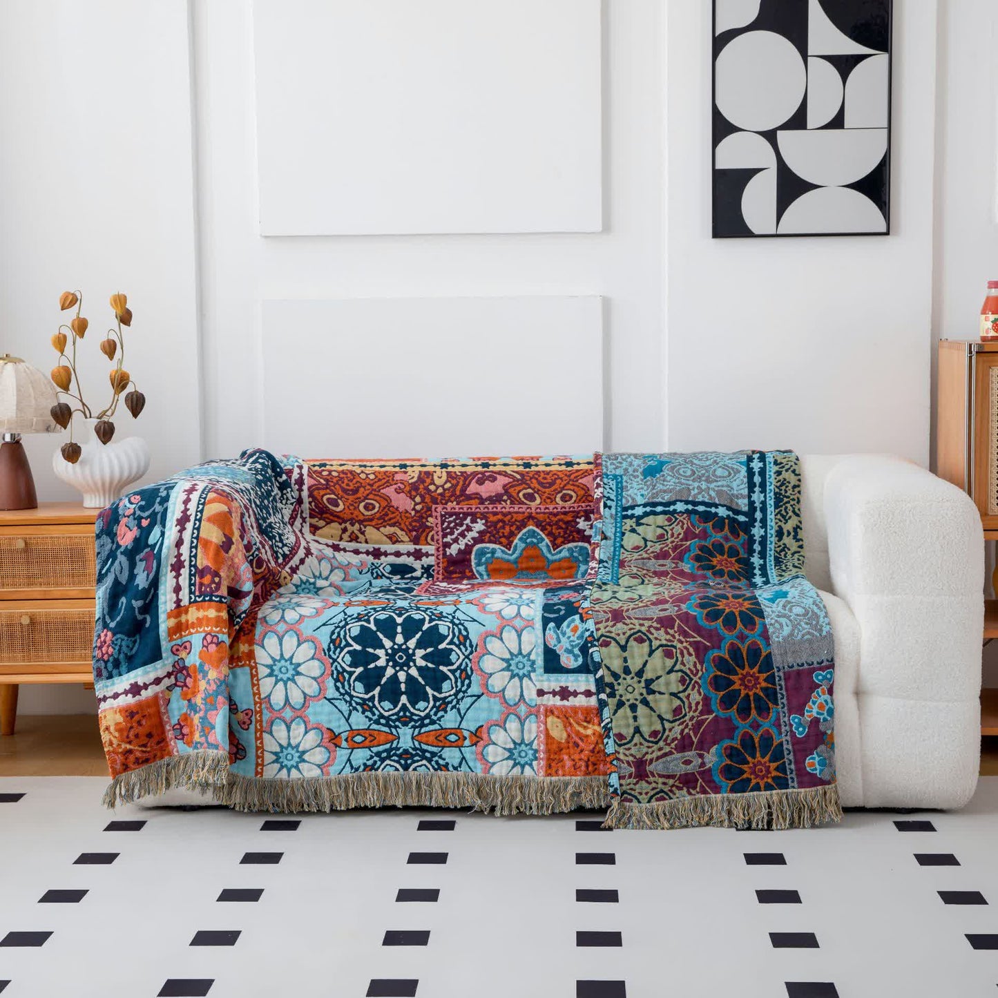 Boho Blue Floral Cotton Reversible Tassel Blanket