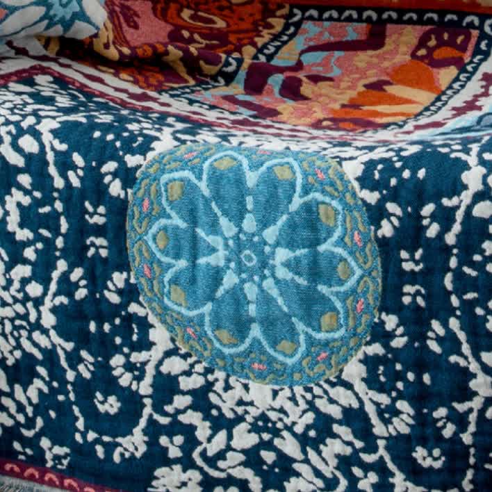 Boho Blue Floral Cotton Reversible Tassel Blanket