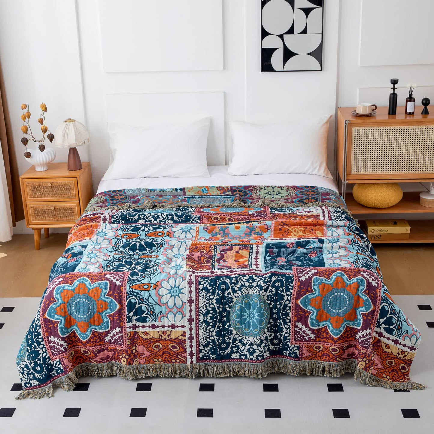 Boho Blue Floral Cotton Reversible Tassel Blanket