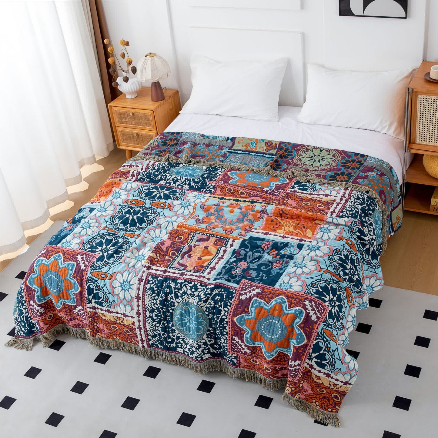Boho Blue Floral Cotton Reversible Tassel Blanket