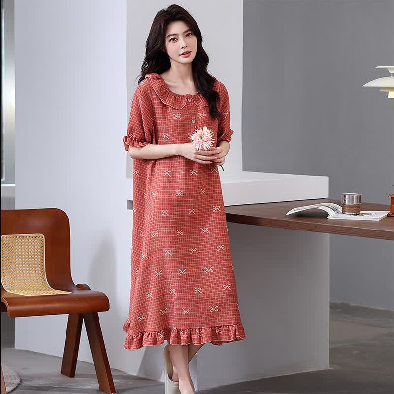 Bow Print Cotton Gauze Jacquard Nightdress