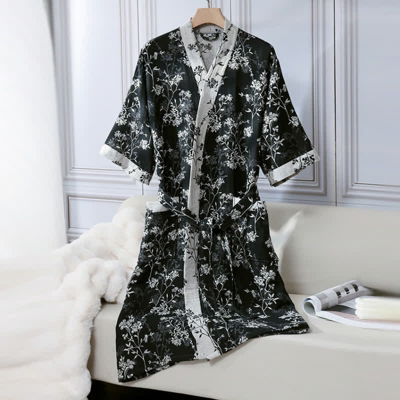 Vintage Floral Kimono Cotton Gauze Jacquard Bathrobe