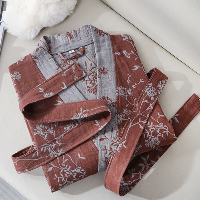 Vintage Floral Kimono Cotton Gauze Jacquard Bathrobe