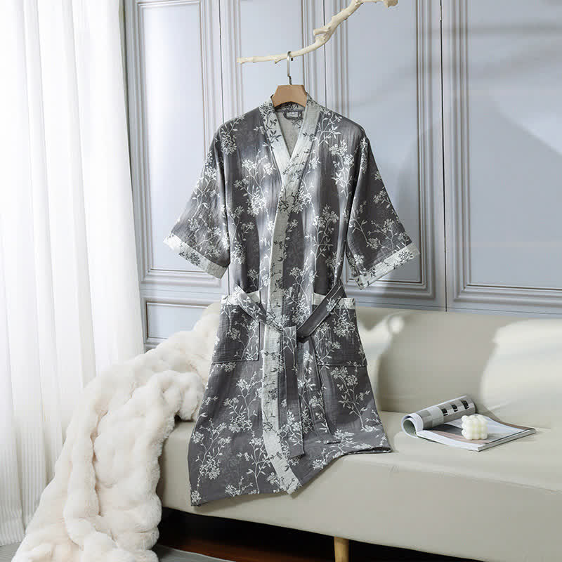 Vintage Floral Kimono Cotton Gauze Jacquard Bathrobe