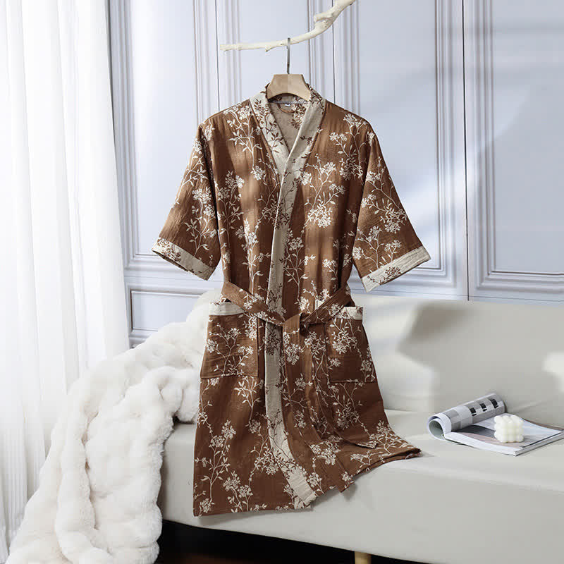Vintage Floral Kimono Cotton Gauze Jacquard Bathrobe