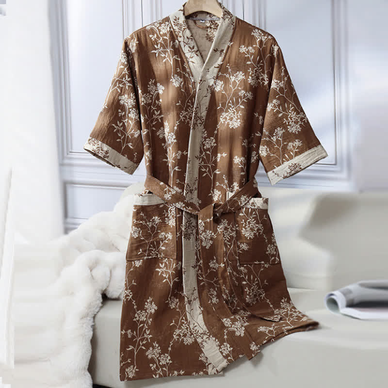 Vintage Floral Kimono Cotton Gauze Jacquard Bathrobe