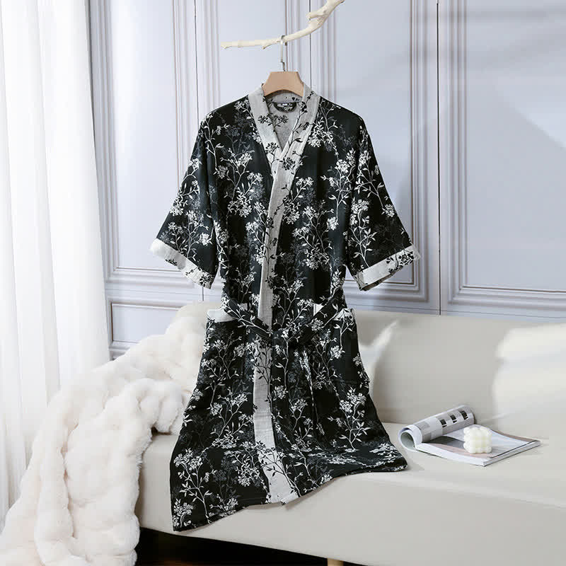 Vintage Floral Kimono Cotton Gauze Jacquard Bathrobe