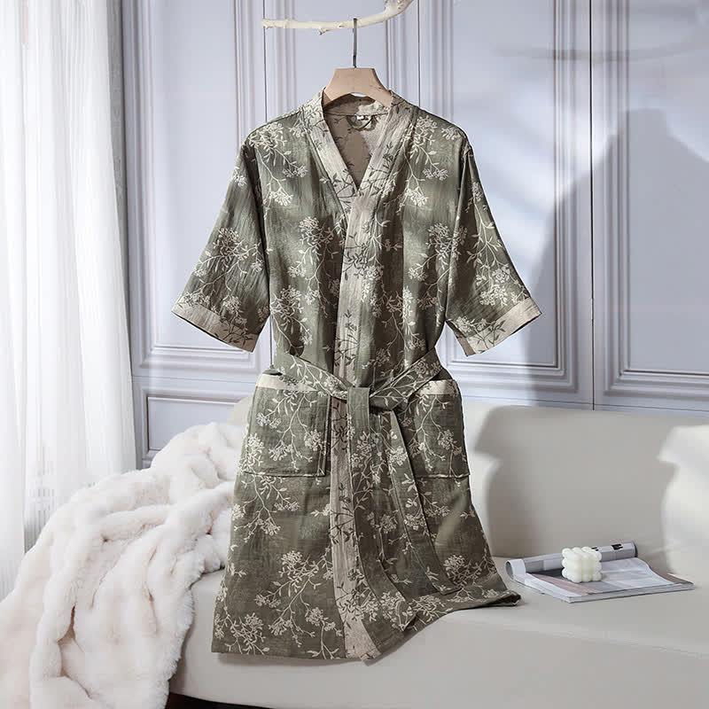 Vintage Floral Kimono Cotton Gauze Jacquard Bathrobe