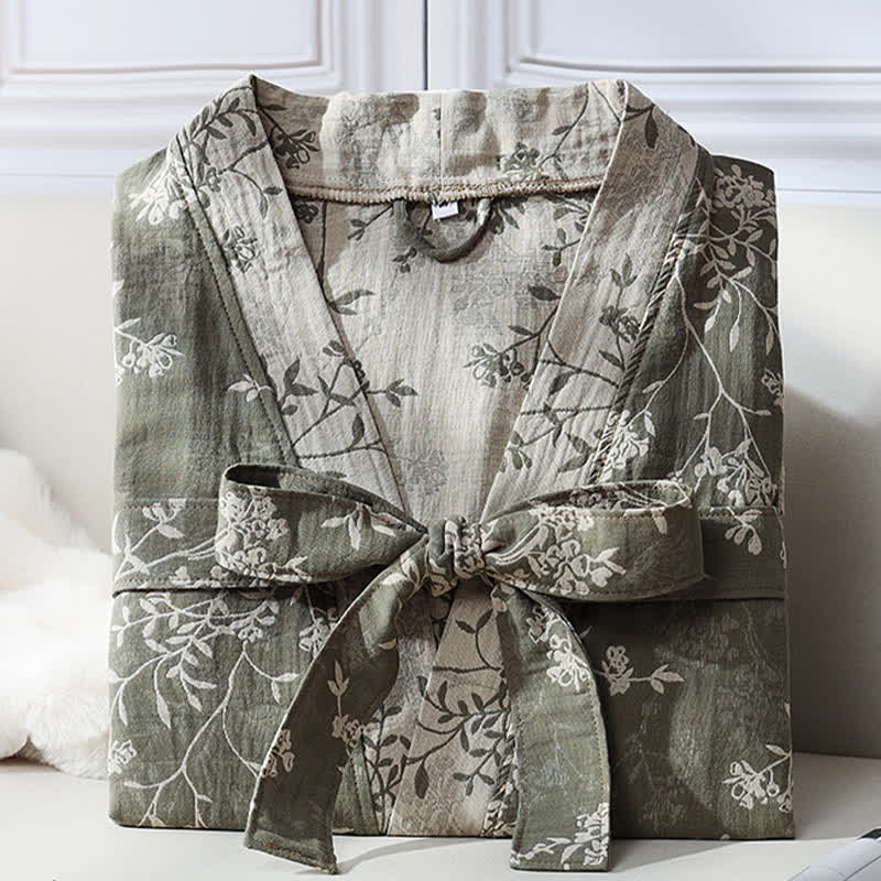 Vintage Floral Kimono Cotton Gauze Jacquard Bathrobe