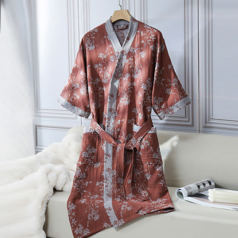 Vintage Floral Kimono Cotton Gauze Jacquard Bathrobe