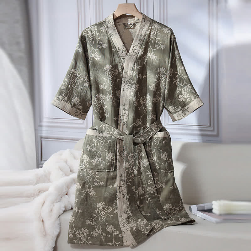 Vintage Floral Kimono Cotton Gauze Jacquard Bathrobe