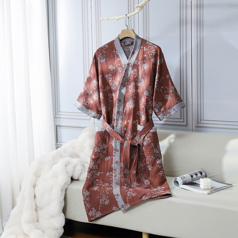 Vintage Floral Kimono Cotton Gauze Jacquard Bathrobe