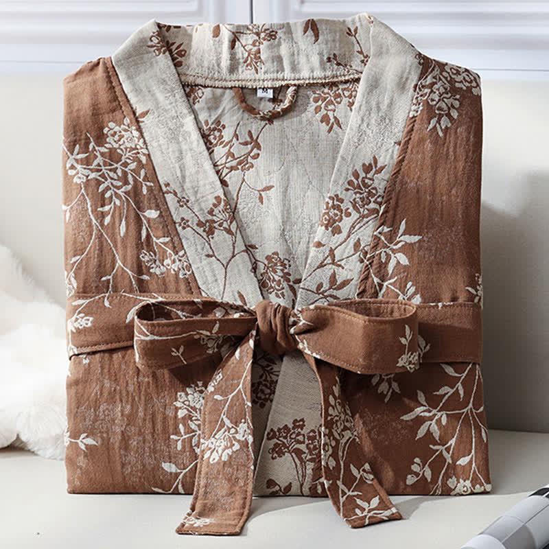 Vintage Floral Kimono Cotton Gauze Jacquard Bathrobe
