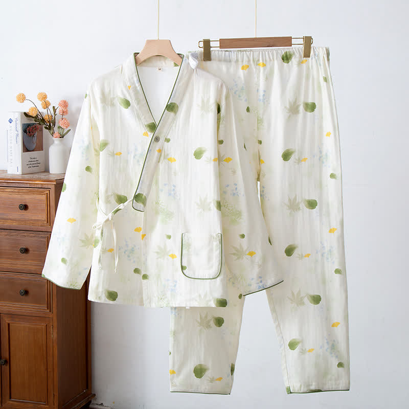 Leaf Print Cotton Gauze Kimono Adjustable Pajama Set