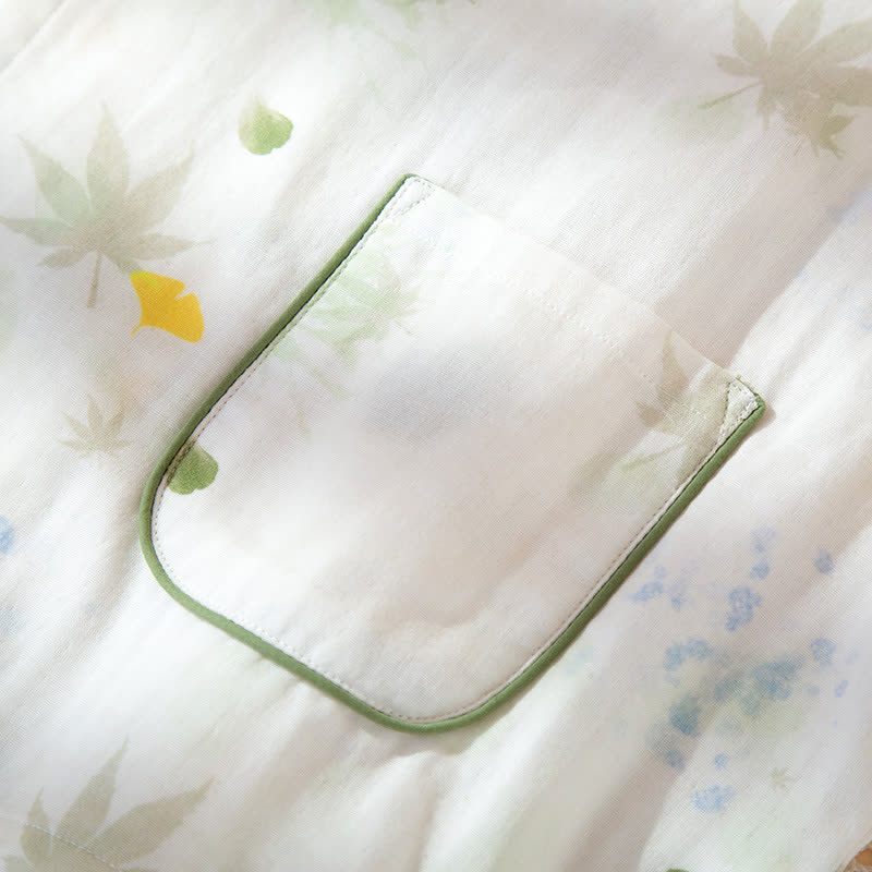 Leaf Print Cotton Gauze Kimono Adjustable Pajama Set