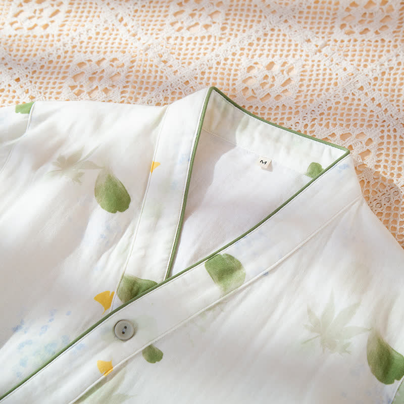 Leaf Print Cotton Gauze Kimono Adjustable Pajama Set