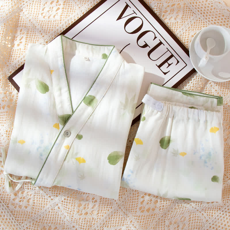 Leaf Print Cotton Gauze Kimono Adjustable Pajama Set