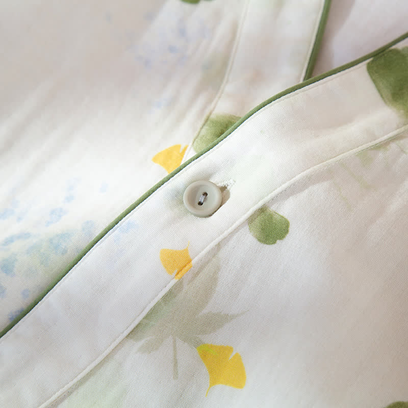 Leaf Print Cotton Gauze Kimono Adjustable Pajama Set