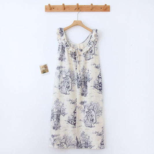 Vintage Landscape Print Cotton Gauze Ruffle Camisole Nightwear - Purple - Nightdress - XL - image 0