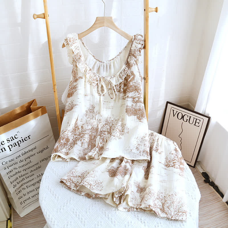 Vintage Landscape Print Cotton Gauze Ruffle Camisole Nightwear - Pink - Pajama Set - XL - image 3
