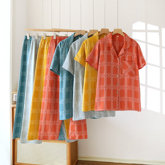 Unisex Plaid Cotton Yarn-Dyed Loungewear Set