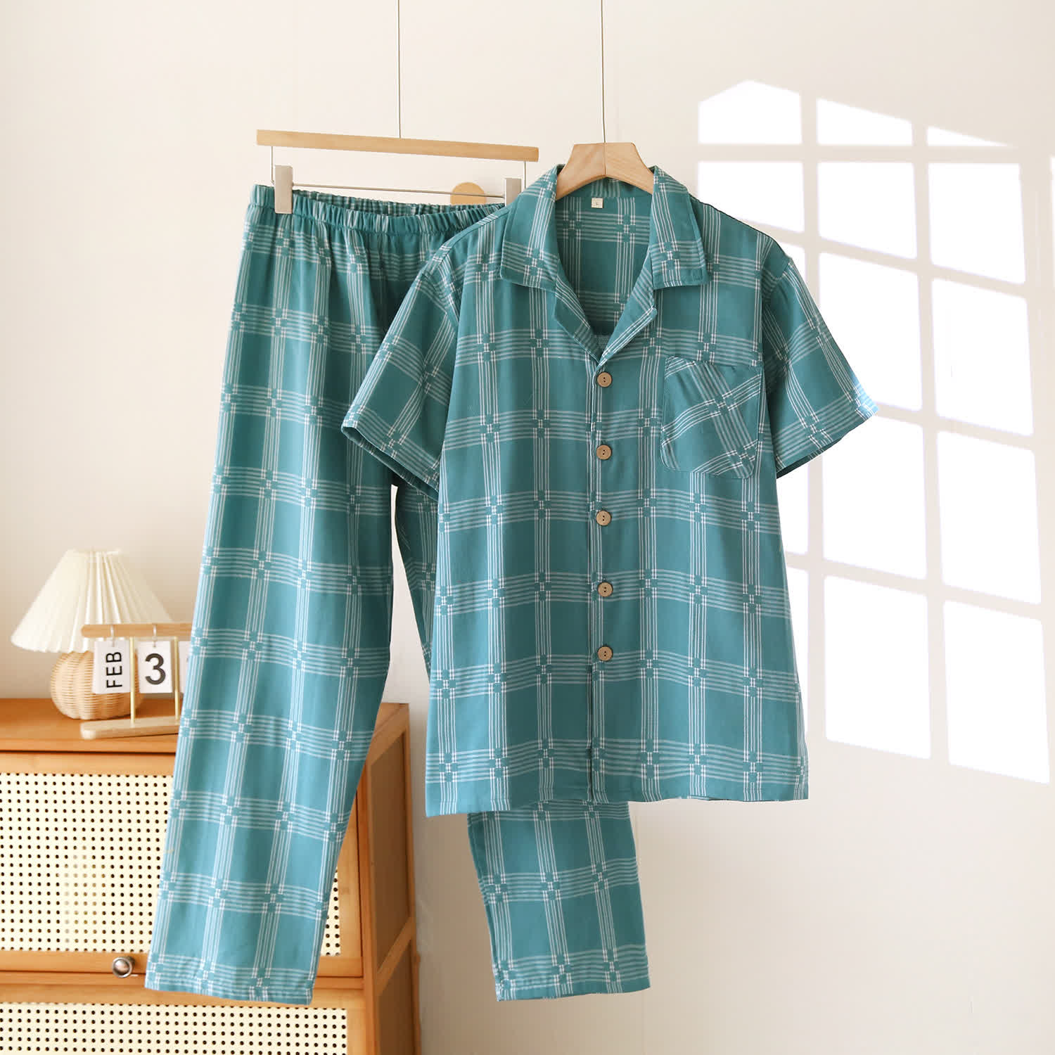 Unisex Plaid Cotton Yarn-Dyed Loungewear Set - Blue - XXL - image 13