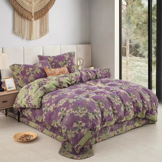 Floral Cotton Gauze Jacquard Reversible Bedding Set(4pcs)