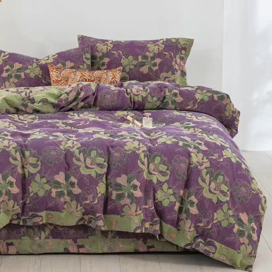 Floral Cotton Gauze Jacquard Reversible Bedding Set(4pcs)