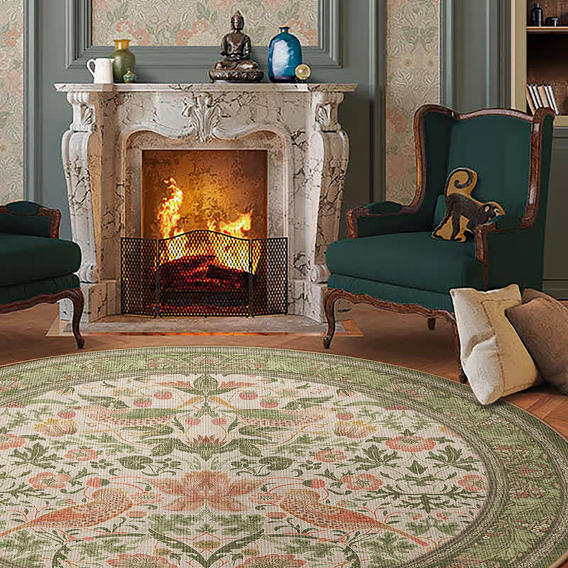 Floral Bird Waterproof Round-shaped Area Rug