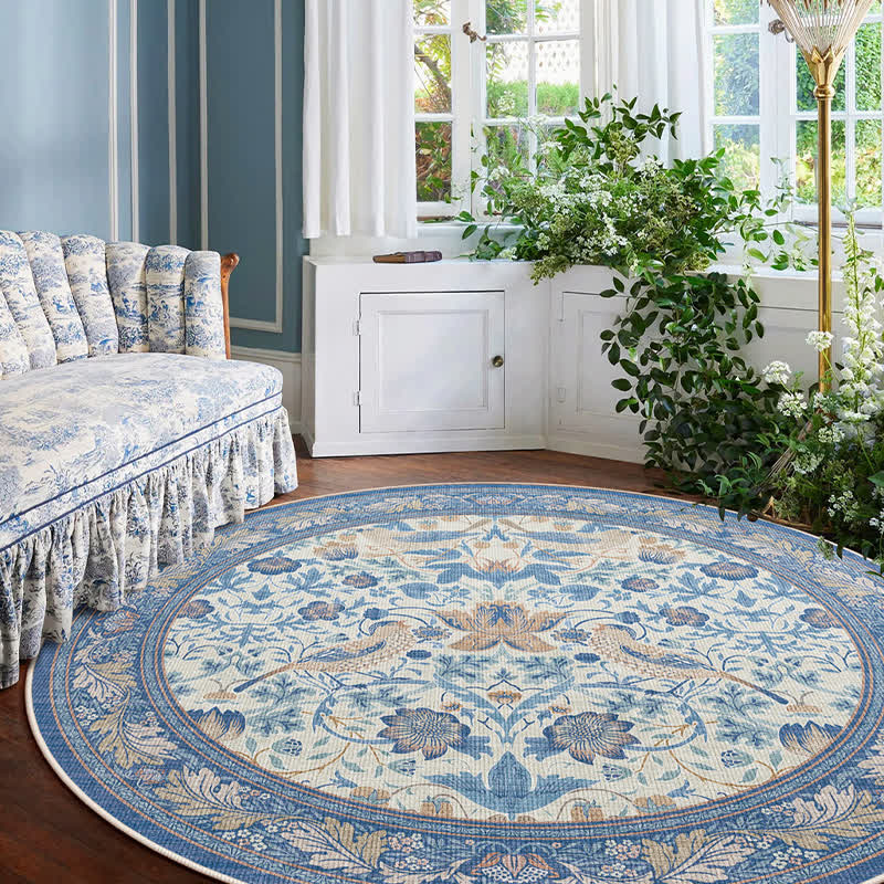 Floral Bird Waterproof Round-shaped Area Rug