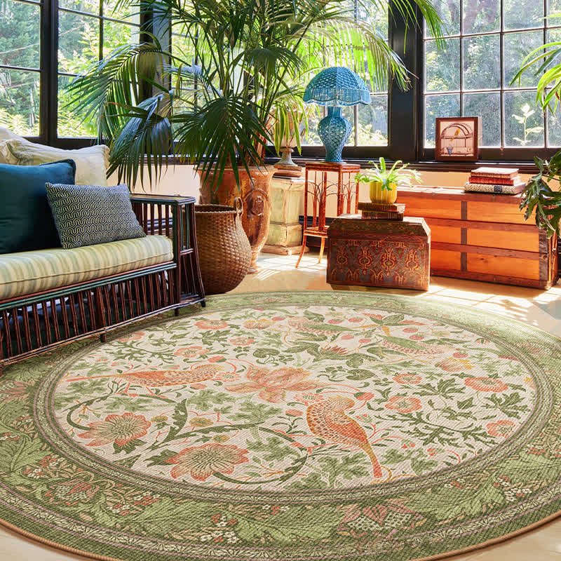 Floral Bird Waterproof Round-shaped Area Rug