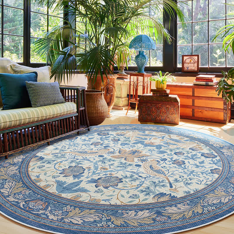 Floral Bird Waterproof Round-shaped Area Rug