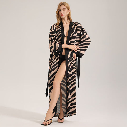 Zebra Print Long Sleeve Kimono Bathrobe