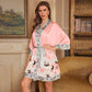 Crane Print Short Kimono Bathrobe