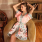 Crane Print Short Kimono Bathrobe