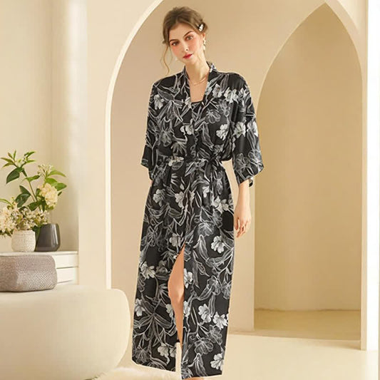 Black Hibiscus Kimono Bathrobe Set
