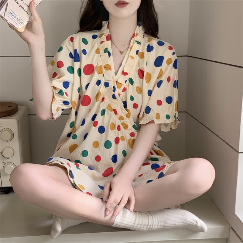 Colorful Polka Dot Ruffle Sleeve Sleepwear