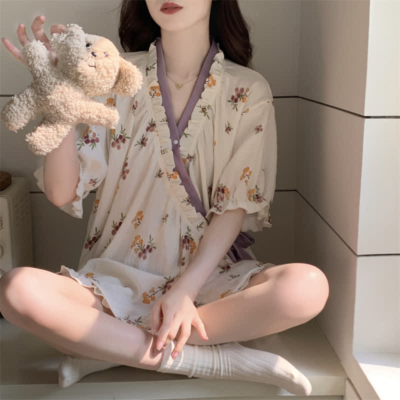 Floral Ruffle Sleeve Pajama Set