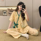 Leaf Print Ruffle Kimono Sleepwear Set
