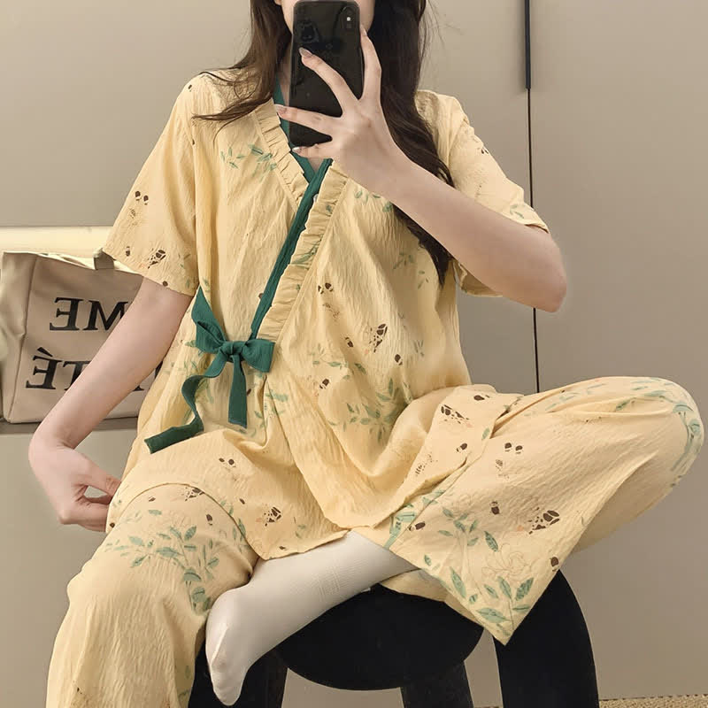 Leaf Print Ruffle Kimono Sleepwear Set