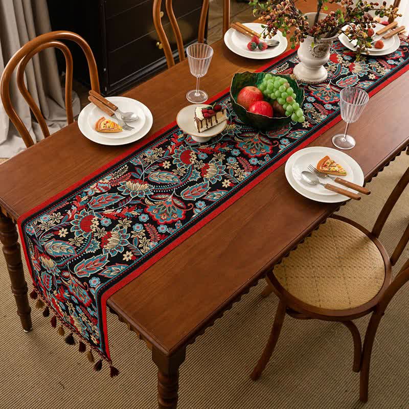 Vintage Tassel Jacquard Floral Table Runner