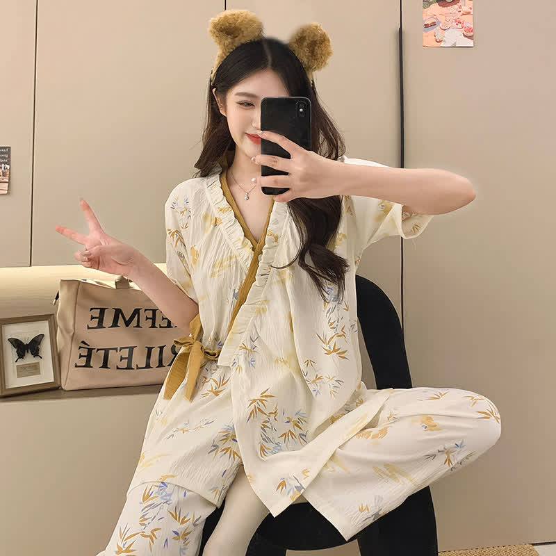 Bamboo Leaf Ruffle Kimono Sleepwear Set