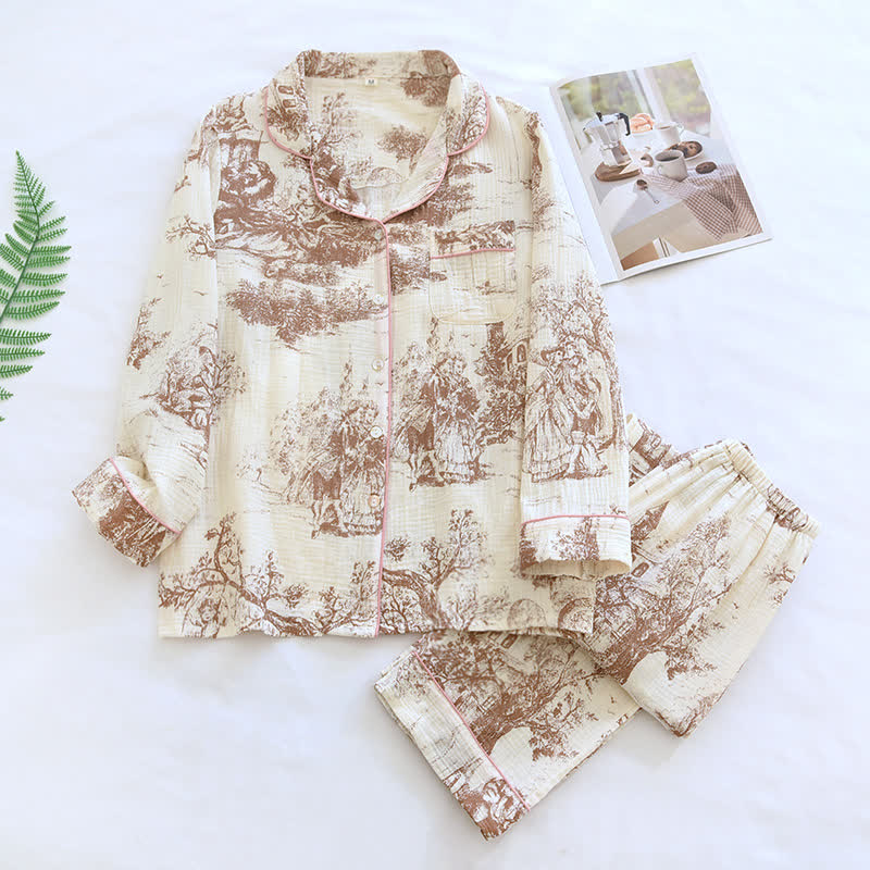 Ink-wash Toile Print Cotton Gauze Loungewear - Brown - XL - image 2