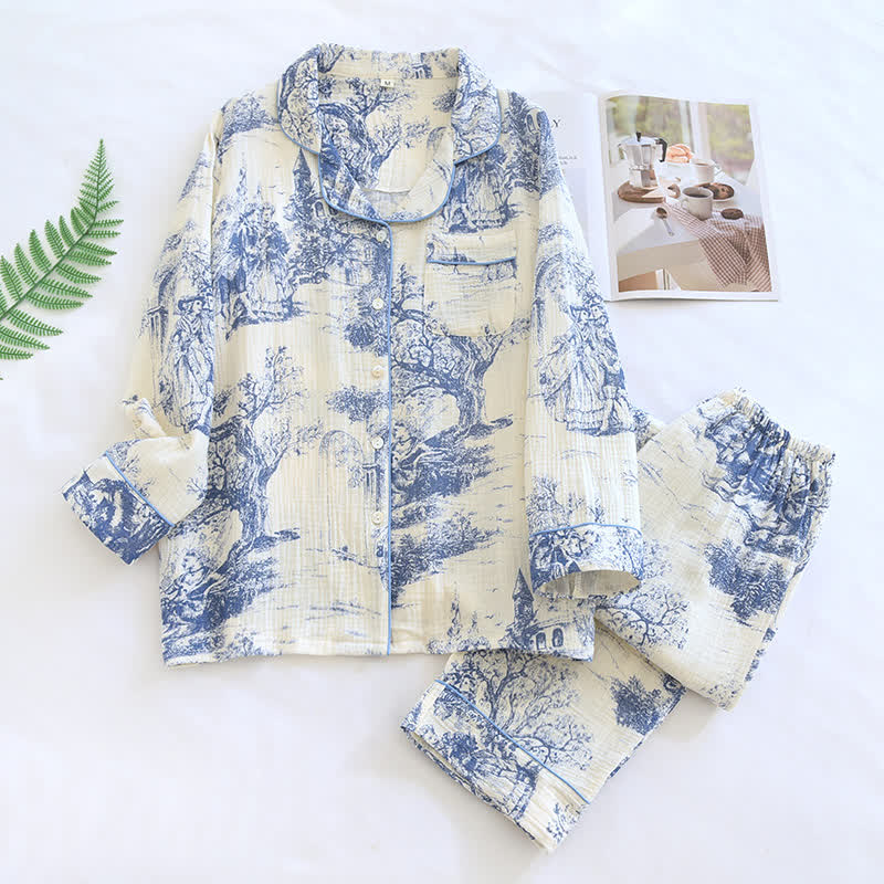 Ink-wash Toile Print Cotton Gauze Loungewear - Blue - XL - image 9