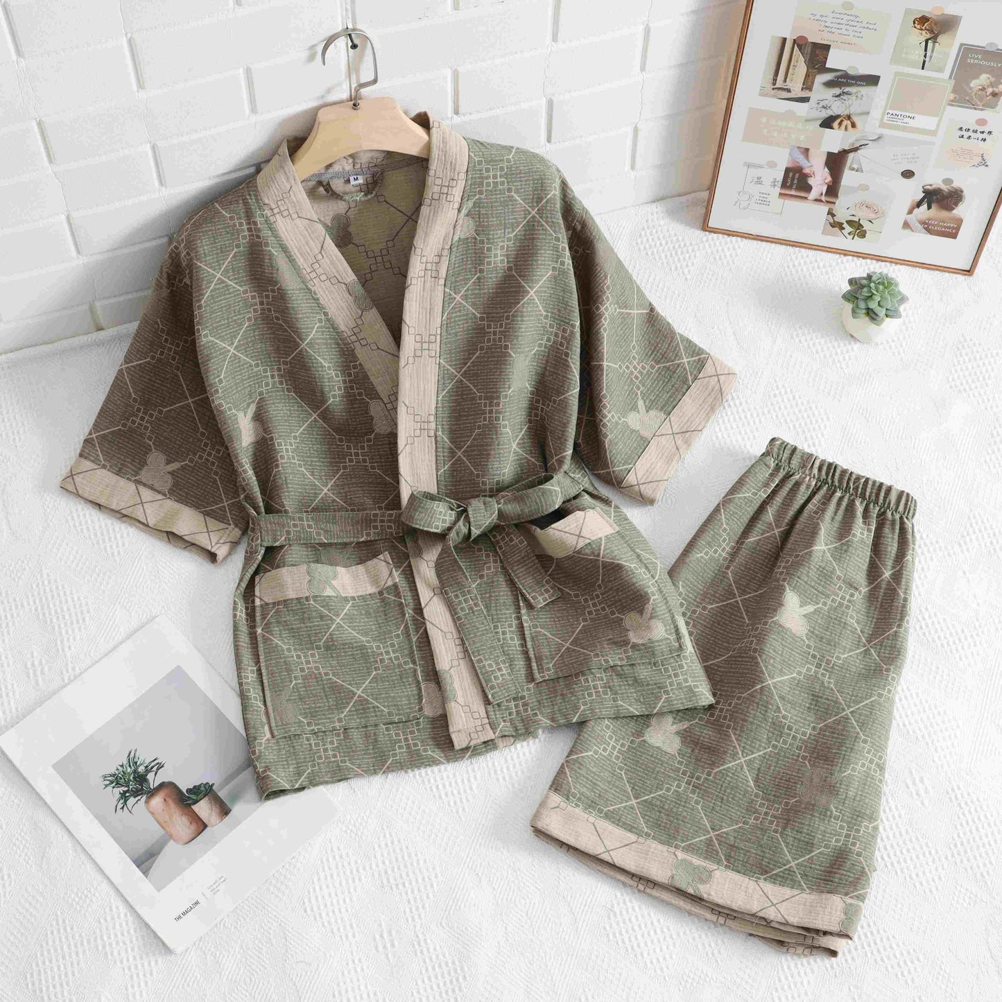Unisex Green Grid Cotton Kimono Loungewear