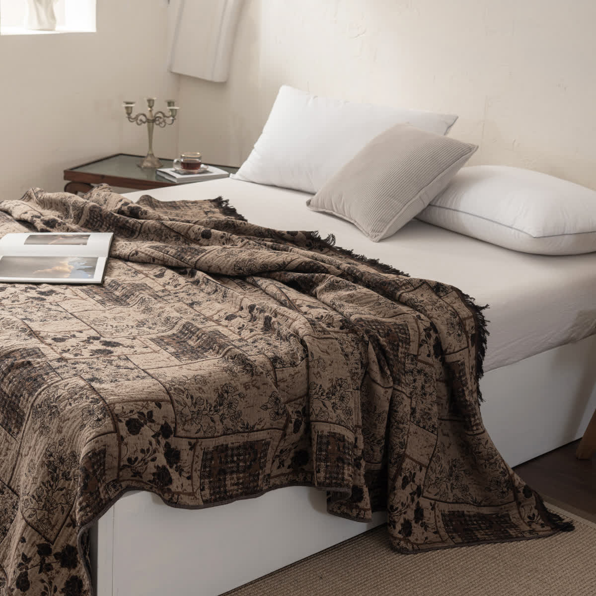 Floral Plaid Patchwork Cotton Muslin Quilt