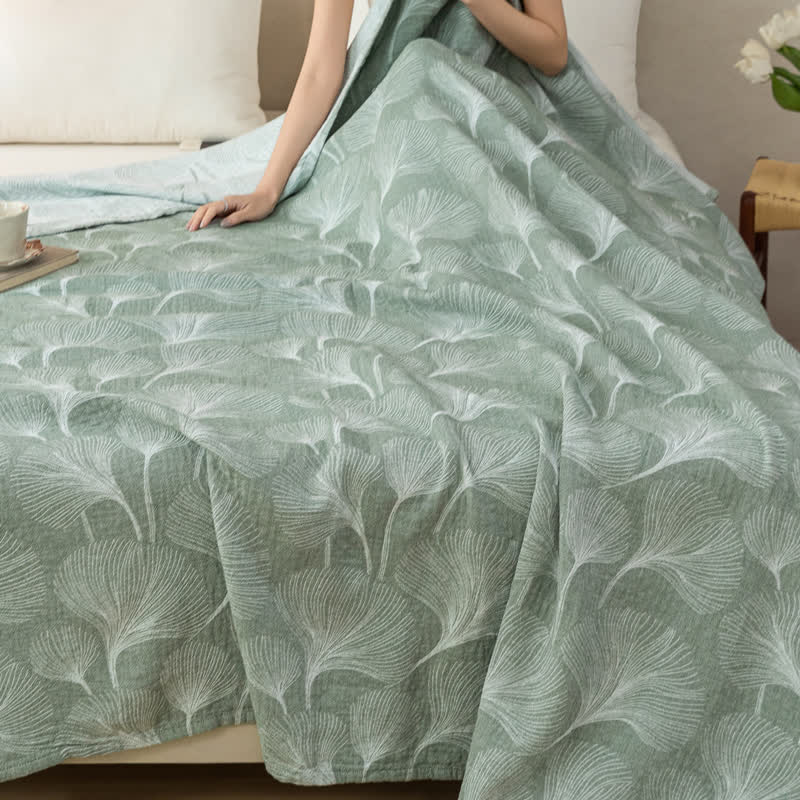 Artistic Green Ginkgo Cotton Gauze Quilt